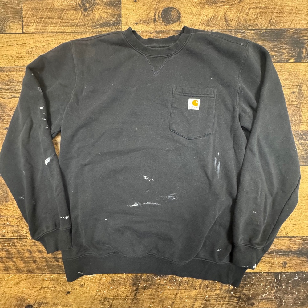 distressed Carhartt‎ Original Fit Crewneck Sweatshirt Black Mens L Pocket paint